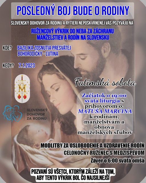 7.1.2023 POZÝVAME Ružencový výkrik do neba za záchranu rodín a manželstiev na Slovensku