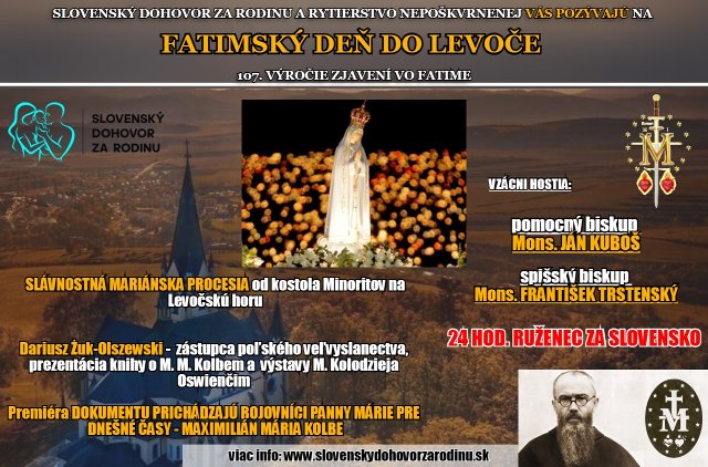 POZÝVAME NA FATIMSKÝ DEŇ DO LEVOČE 12.-13.5. - BOHATÝ PROGRAM!!